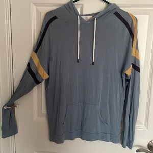 Pale Blue Hooded Long Sleeve with Minimalist Beige and Navy Stripes and Pocket